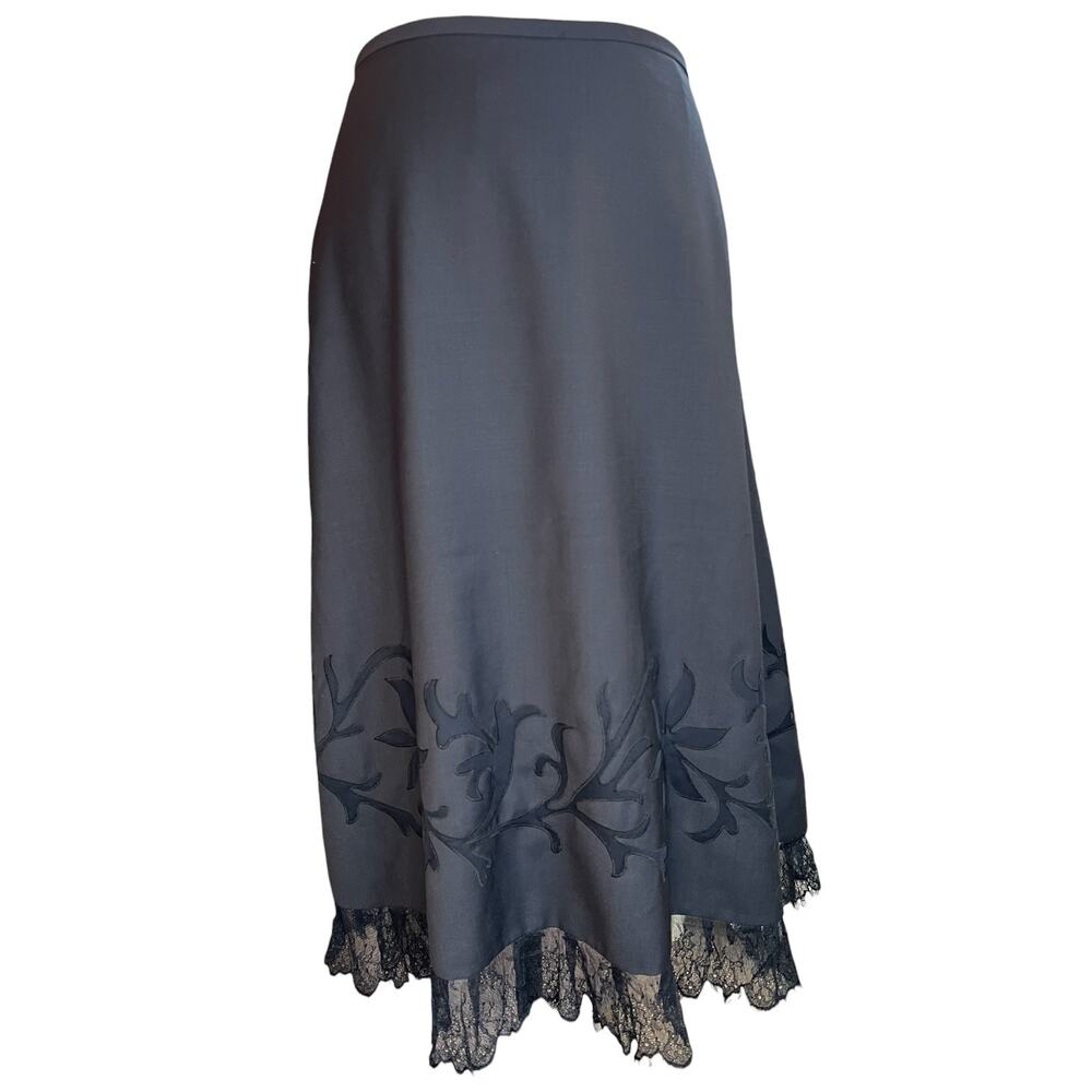 Ann Taylor LOFT Black Wool Blend Midi Skirt Lace Trim Cutout Appliqué Size 6